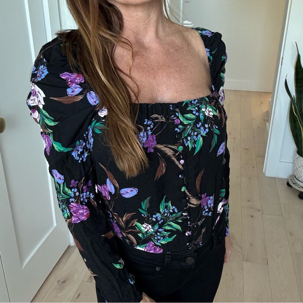 AFRM Black Ruched Puff Sleeve Bodysuit